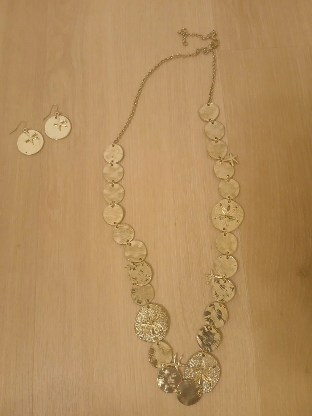 Gold Toned Sand Dollar Disc Necklace & Earring Set - Women Jewelry